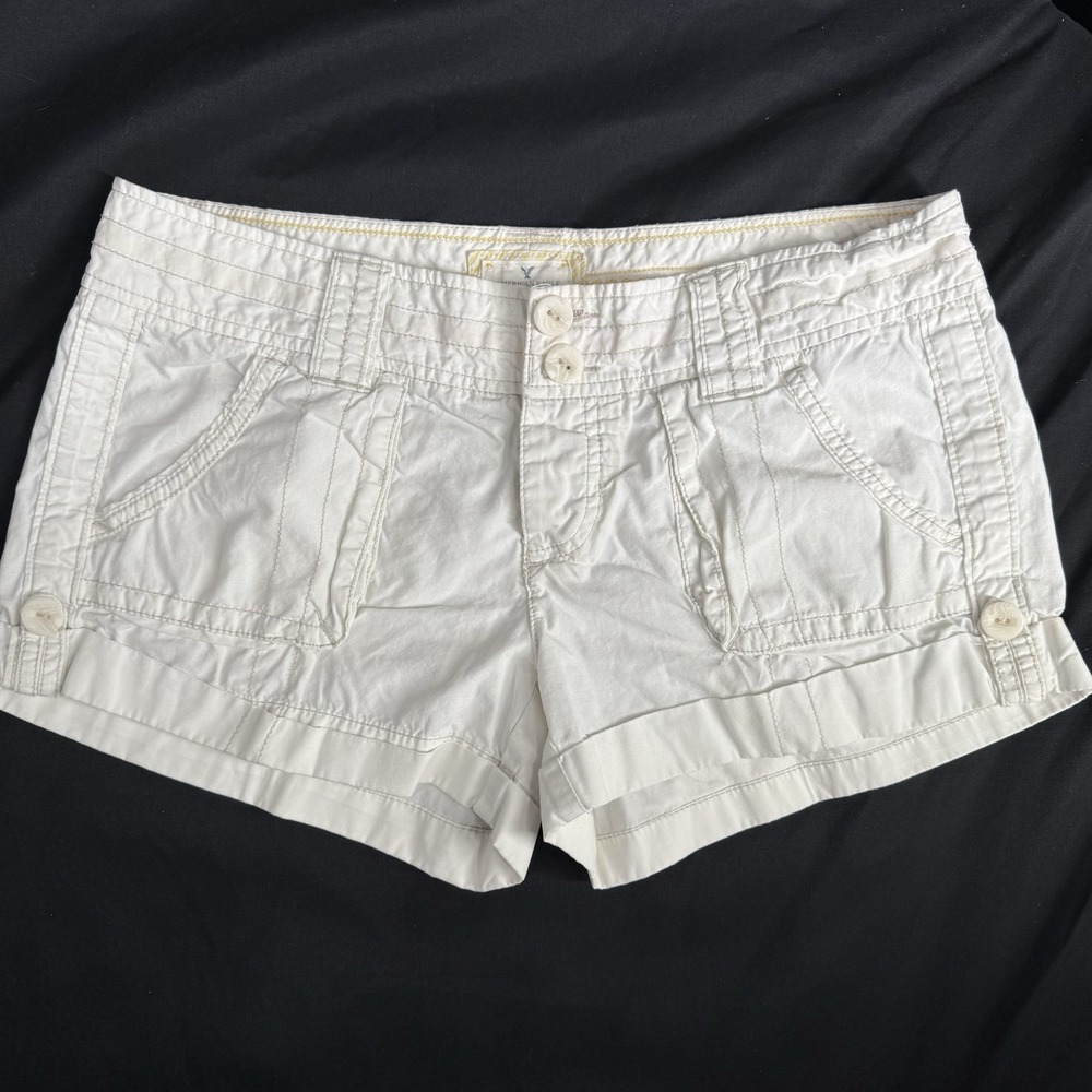 Vtg American Eagle Micro Mini Shorts Size 6 Y2K Preppy Khaki Low Rise Cargo Cuff